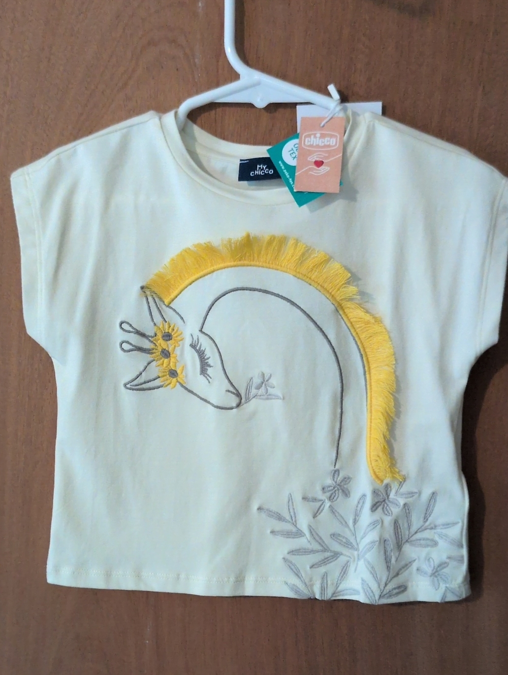Chicco Cream Tee with Embroidered Giraffe and Yellow Fringe